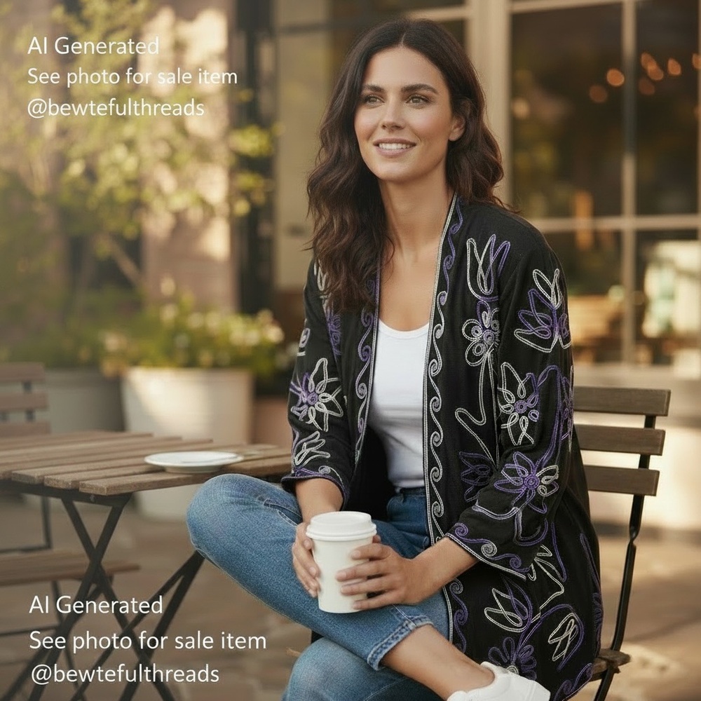 Black Floral Appliqué Cardigan M 90s Retro Stretch Top